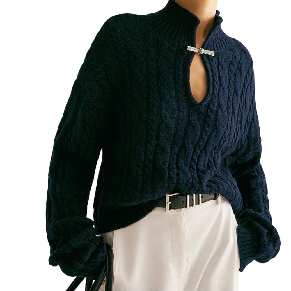 Commense Navy Cotton Cable Knit Keyhole Sweater Silver Clasp Medium